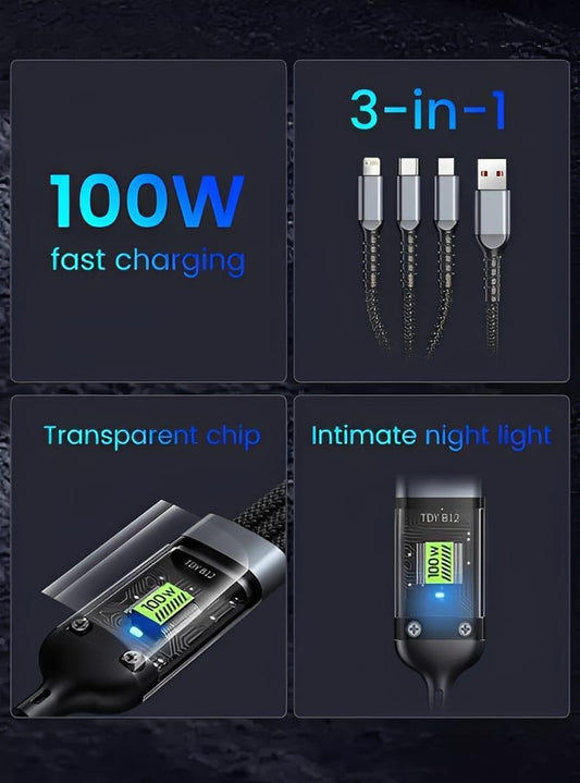 3 in One 100 Watts Fast Charging Cable - 1 Pcs Black Copper Core