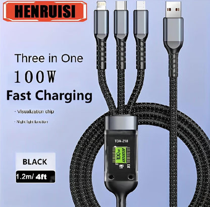 3 in One 100 Watts Fast Charging Cable - 1 Pcs Black Copper Core