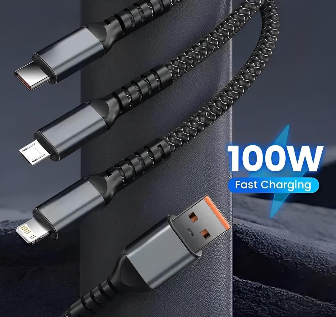 3 in One 100 Watts Fast Charging Cable - 1 Pcs Black Copper Core