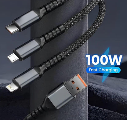 3 in One 100 Watts Fast Charging Cable - 1 Pcs Black Copper Core